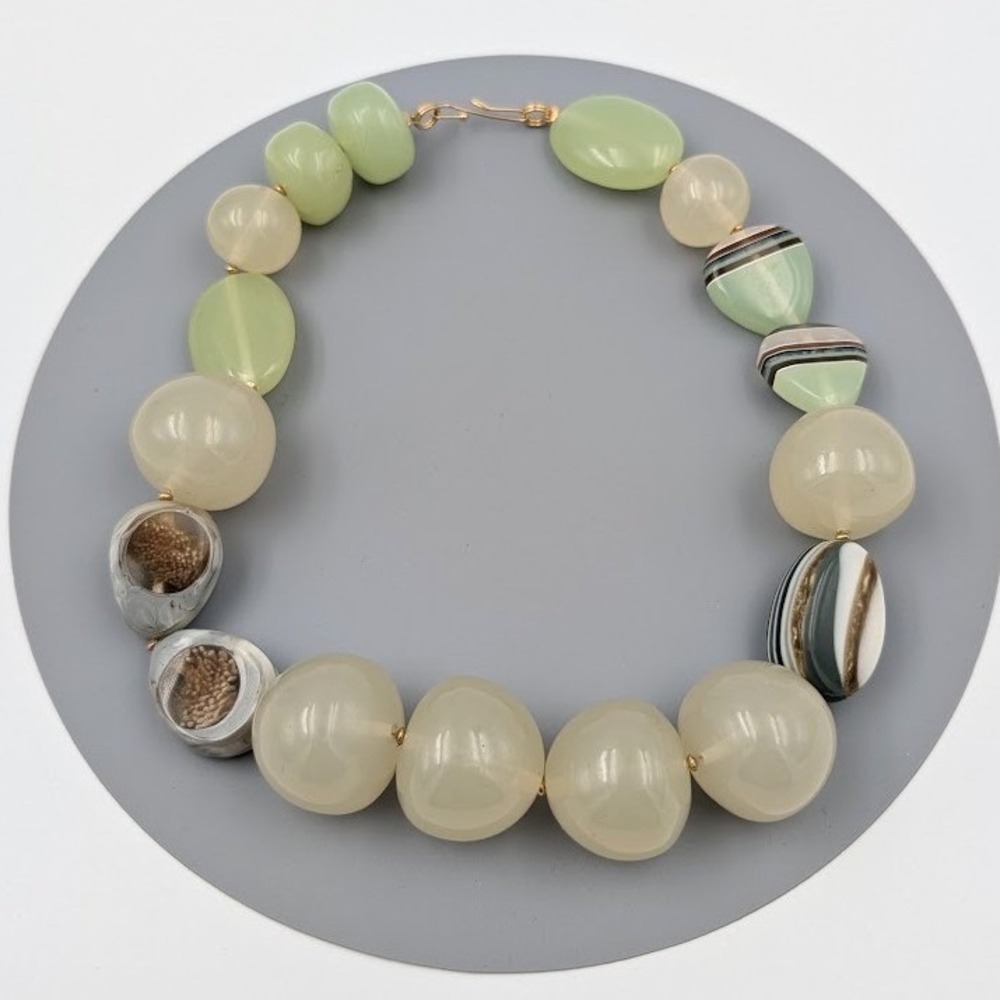 Chunky Lucite Necklace Pastel Green Sea Life Inclusion Bead Choker Botanical